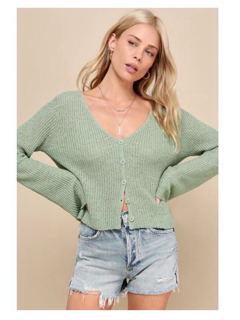 Lulu's Sage Green V-Neck Button-Up Knit Cardigan